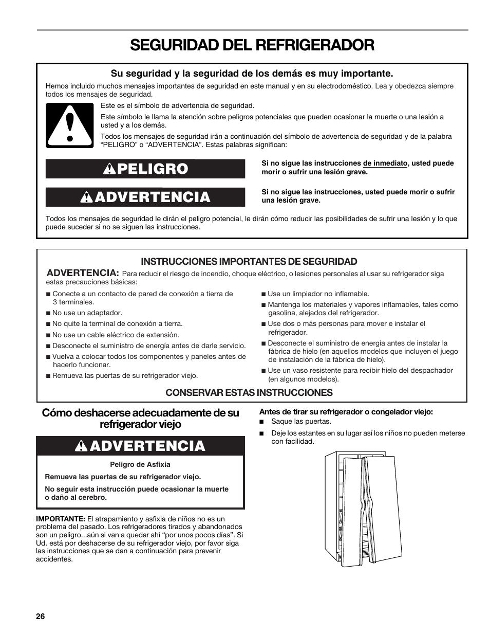 Seguridad del refrigerador, Advertencia peligro, Advertencia | Sears T1KB2/T1RFKB2 User Manual | Page 26 / 72