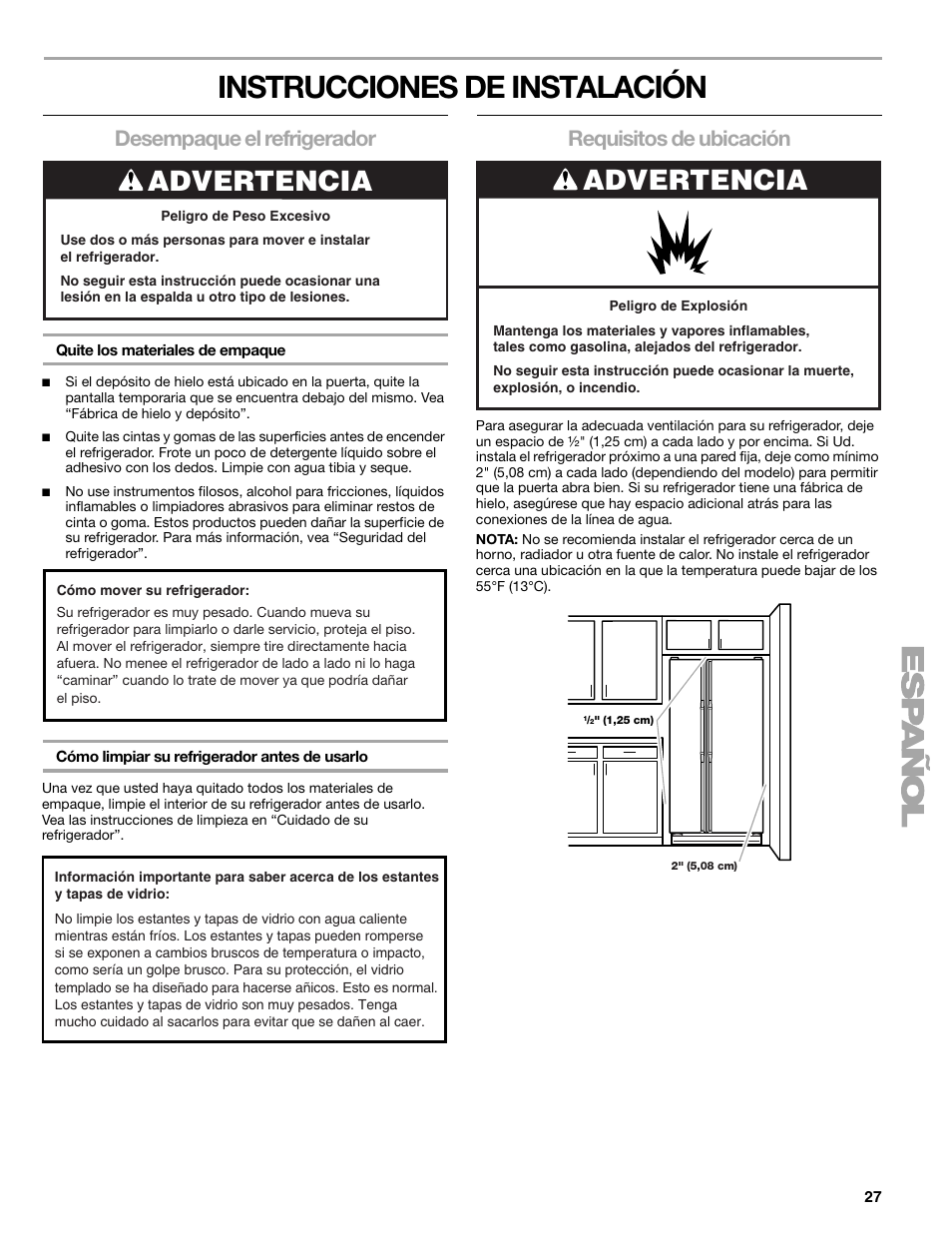 Instrucciones de instalación, Advertencia, Desempaque el refrigerador | Requisitos de ubicación | Sears T1KB2/T1RFKB2 User Manual | Page 27 / 72