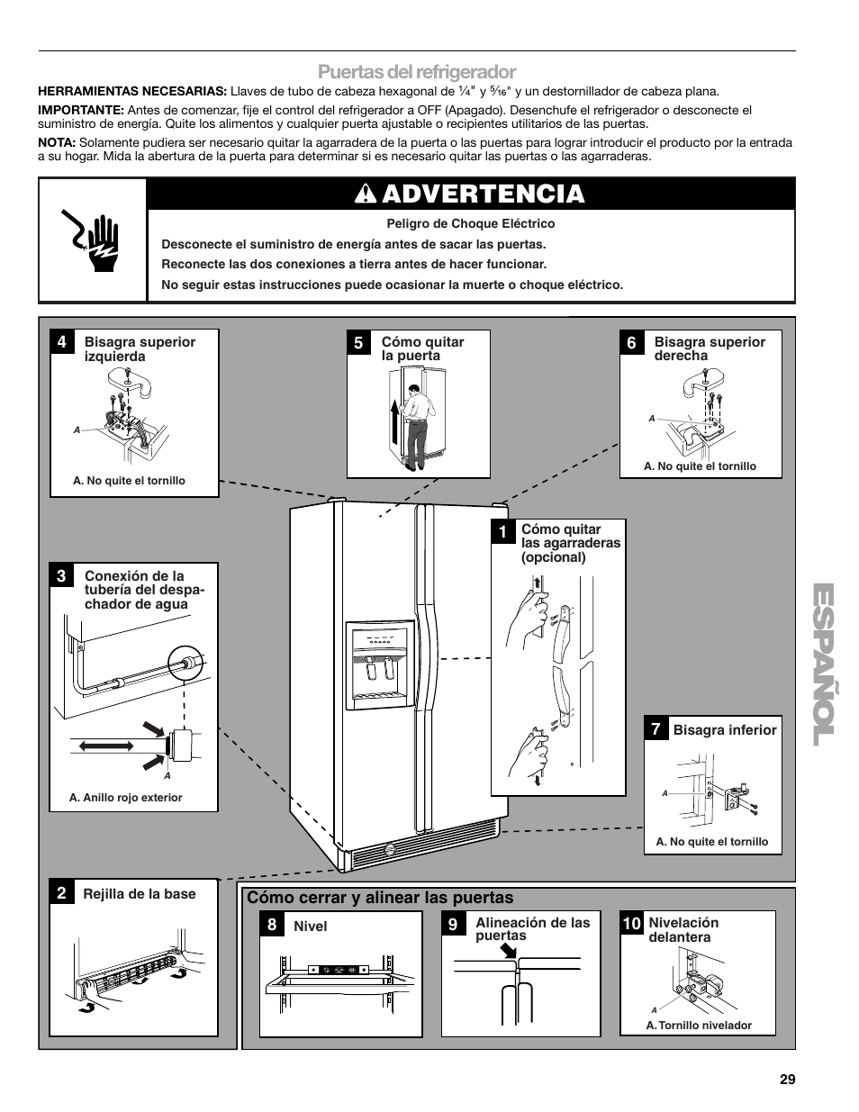 Advertencia, Puertas del refrigerador | Sears T1KB2/T1RFKB2 User Manual | Page 29 / 72
