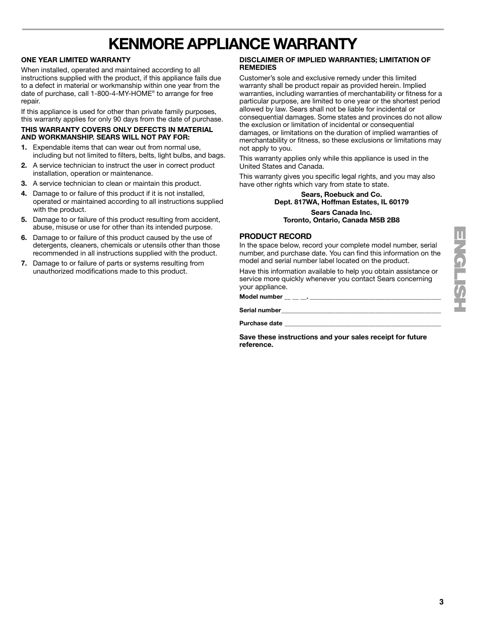 Kenmore appliance warranty | Sears T1KB2/T1RFKB2 User Manual | Page 3 / 72
