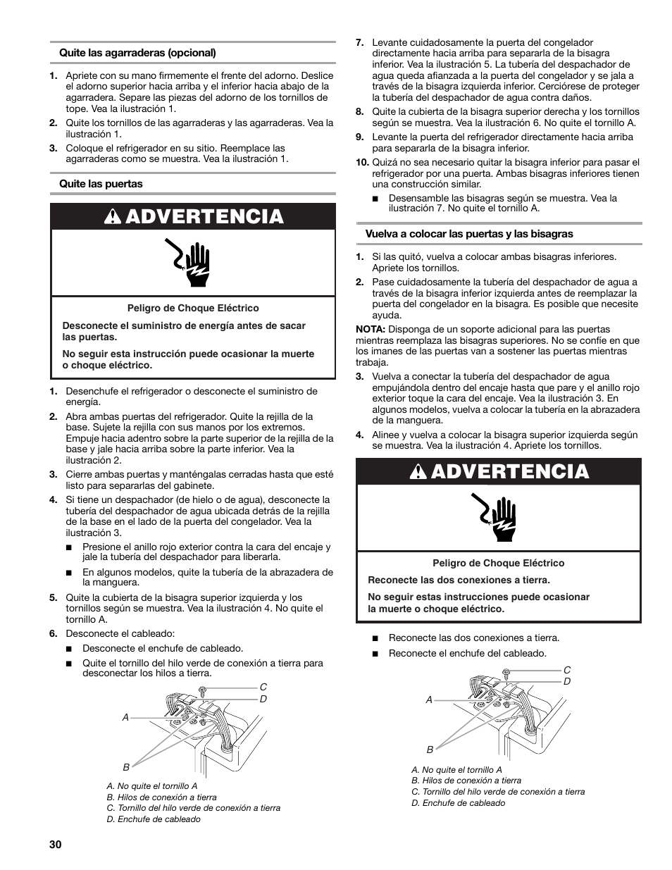Advertencia | Sears T1KB2/T1RFKB2 User Manual | Page 30 / 72