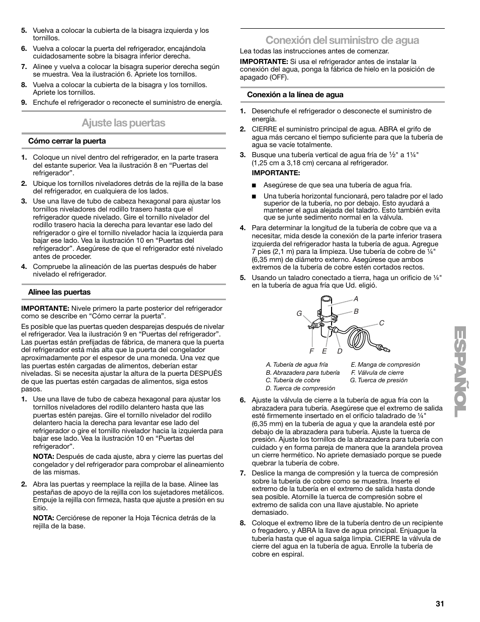 Ajuste las puertas, Conexión del suministro de agua | Sears T1KB2/T1RFKB2 User Manual | Page 31 / 72