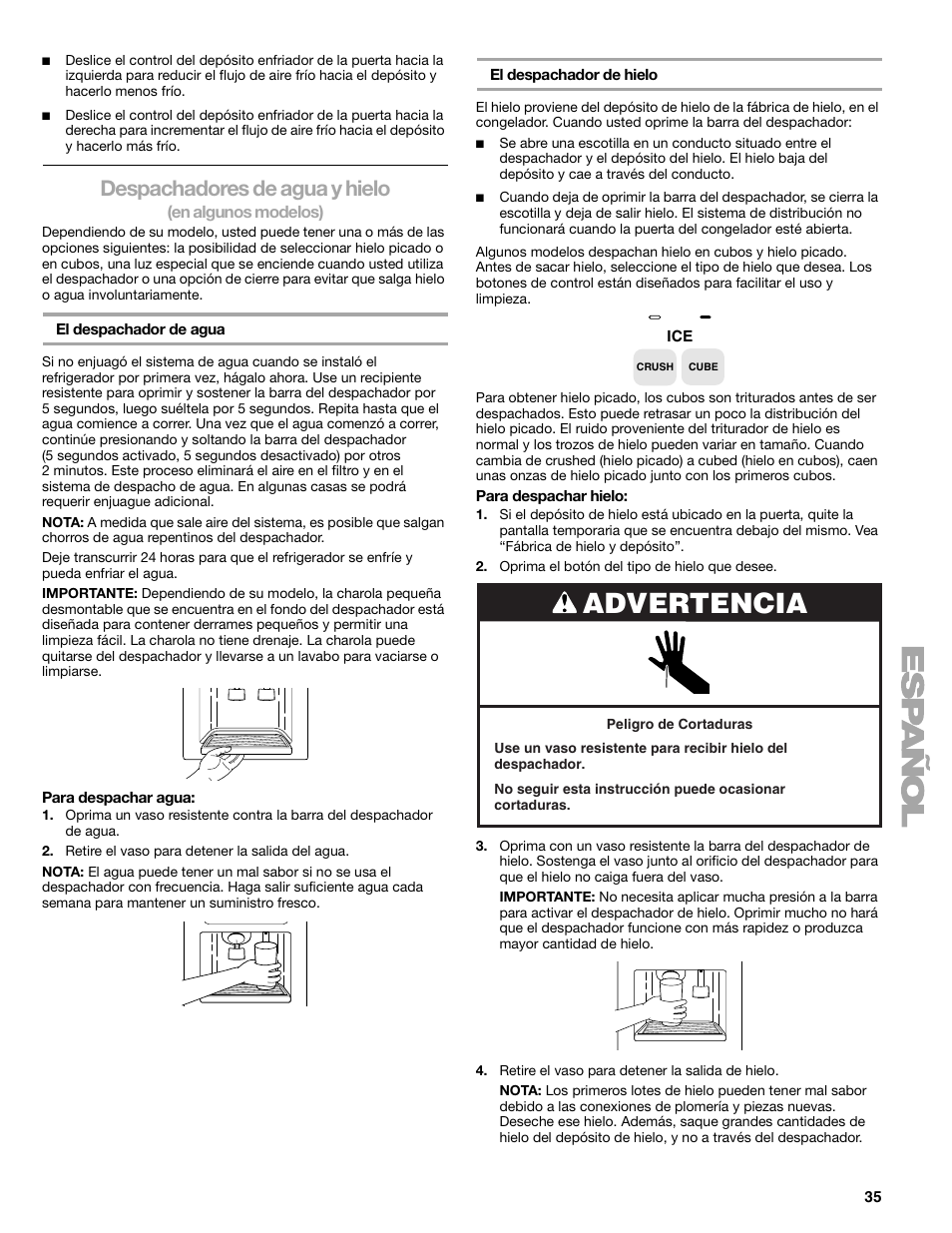 Advertencia, Despachadores de agua y hielo | Sears T1KB2/T1RFKB2 User Manual | Page 35 / 72
