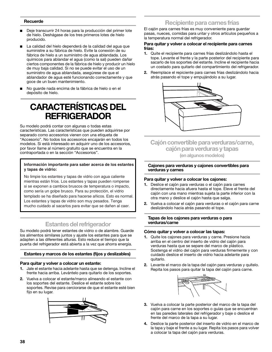 Características del refrigerador, Estantes del refrigerador, Recipiente para carnes frías | Sears T1KB2/T1RFKB2 User Manual | Page 38 / 72