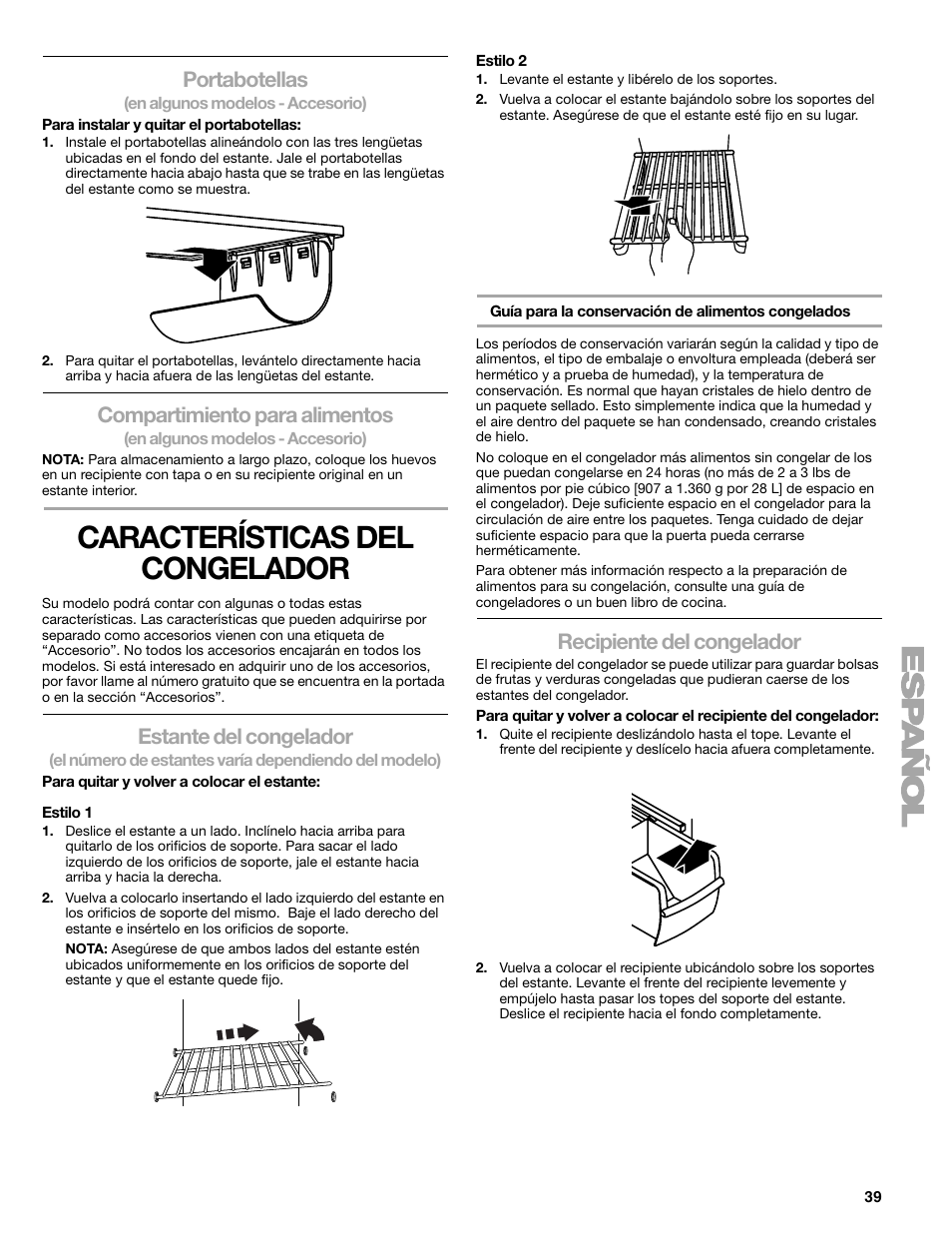 Características del congelador, Portabotellas, Compartimiento para alimentos | Estante del congelador, Recipiente del congelador | Sears T1KB2/T1RFKB2 User Manual | Page 39 / 72