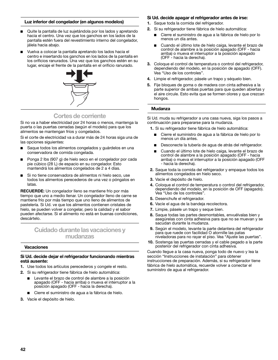 Cortes de corriente, Cuidado durante las vacaciones y mudanzas | Sears T1KB2/T1RFKB2 User Manual | Page 42 / 72