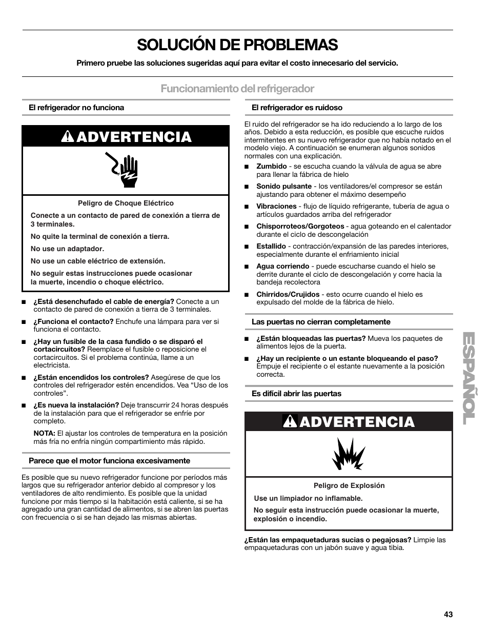 Solución de problemas, Advertencia, Funcionamiento del refrigerador | Sears T1KB2/T1RFKB2 User Manual | Page 43 / 72