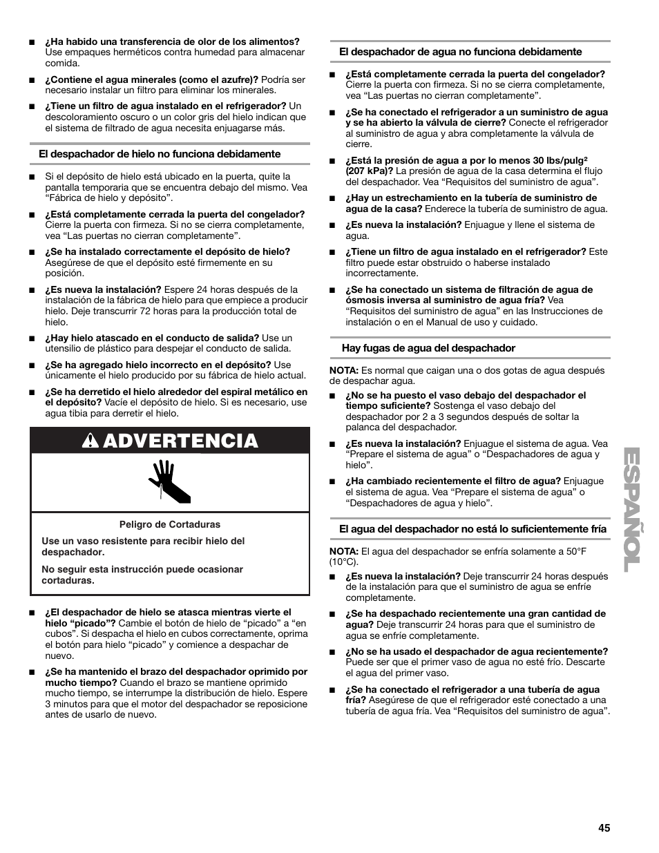 Advertencia | Sears T1KB2/T1RFKB2 User Manual | Page 45 / 72