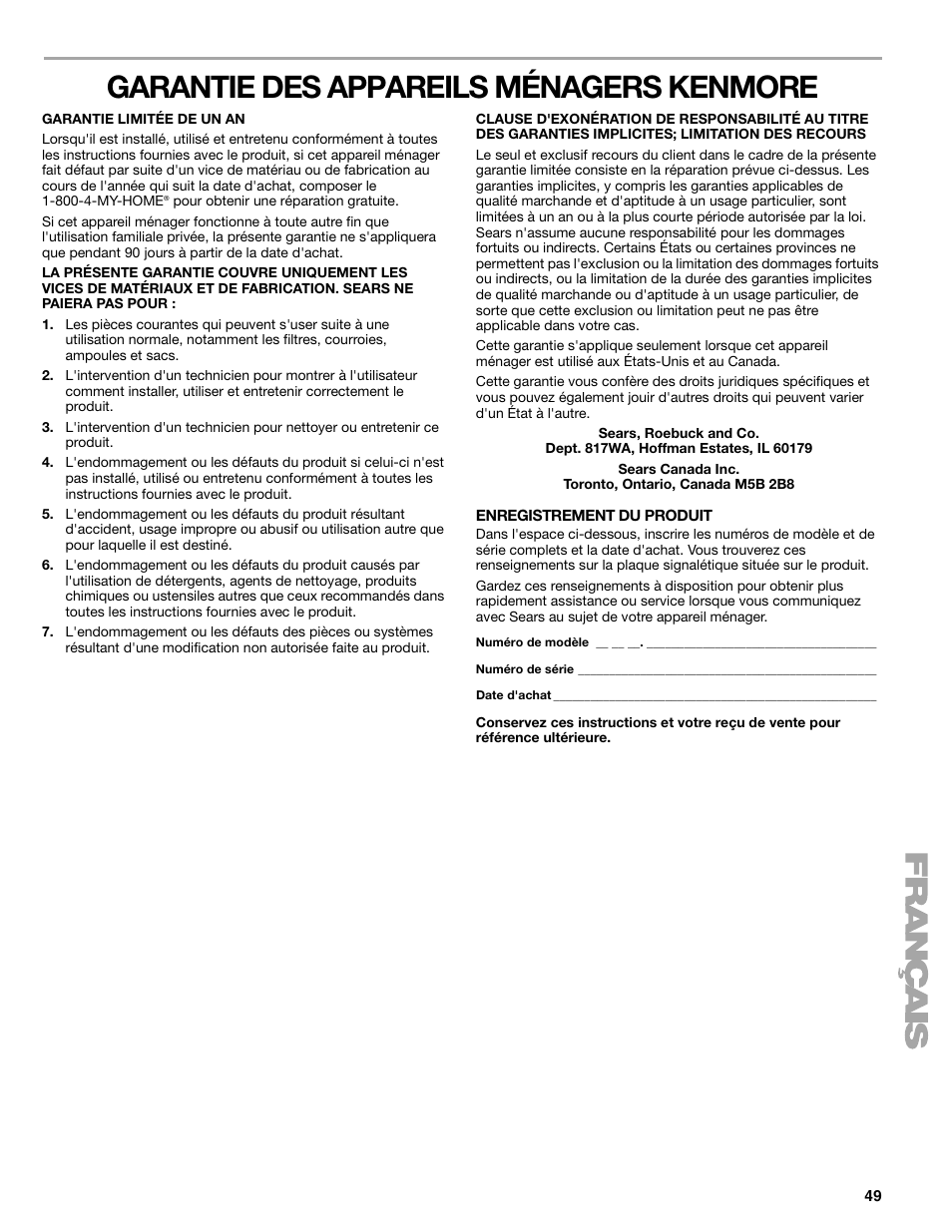 Garantie des appareils ménagers kenmore | Sears T1KB2/T1RFKB2 User Manual | Page 49 / 72