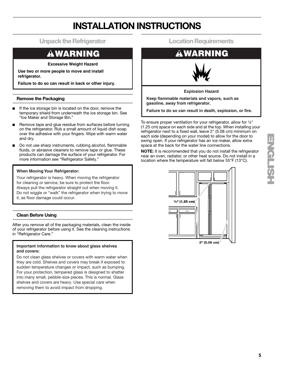 Installation instructions, Warning, Unpack the refrigerator | Location requirements | Sears T1KB2/T1RFKB2 User Manual | Page 5 / 72