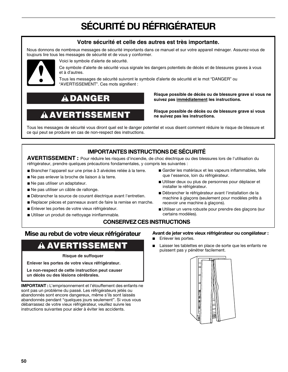 Sécurité du réfrigérateur, Avertissement danger, Mise au rebut de votre vieux réfrigérateur | Avertissement | Sears T1KB2/T1RFKB2 User Manual | Page 50 / 72