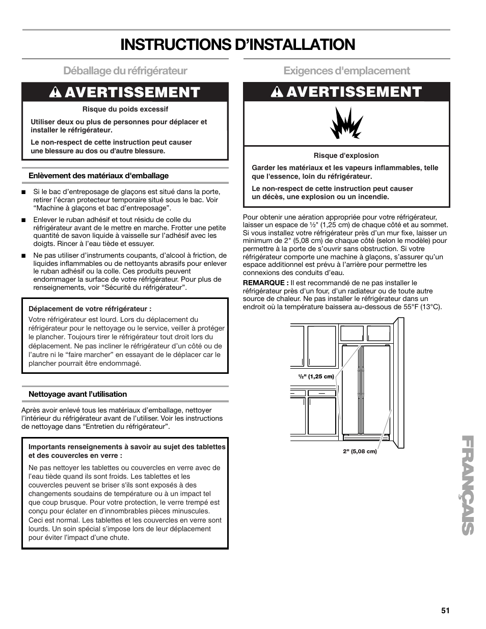 Instructions d’installation, Avertissement, Déballage du réfrigérateur | Exigences d'emplacement | Sears T1KB2/T1RFKB2 User Manual | Page 51 / 72