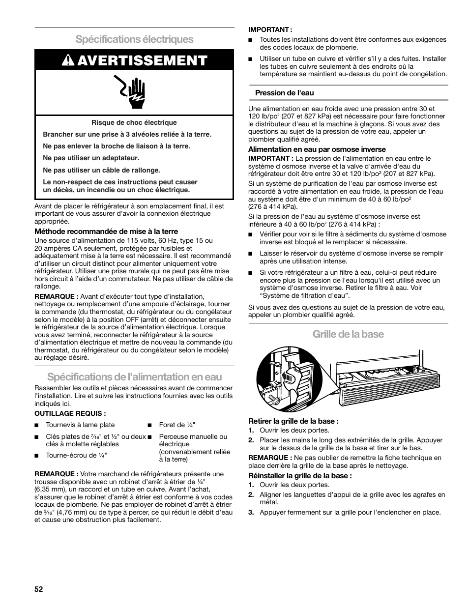 Avertissement, Spécifications électriques, Spécifications de l’alimentation en eau | Grille de la base | Sears T1KB2/T1RFKB2 User Manual | Page 52 / 72