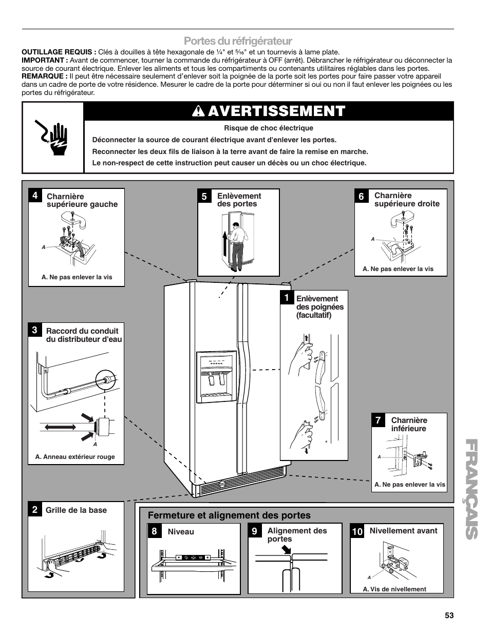 Avertissement, Portes du réfrigérateur | Sears T1KB2/T1RFKB2 User Manual | Page 53 / 72