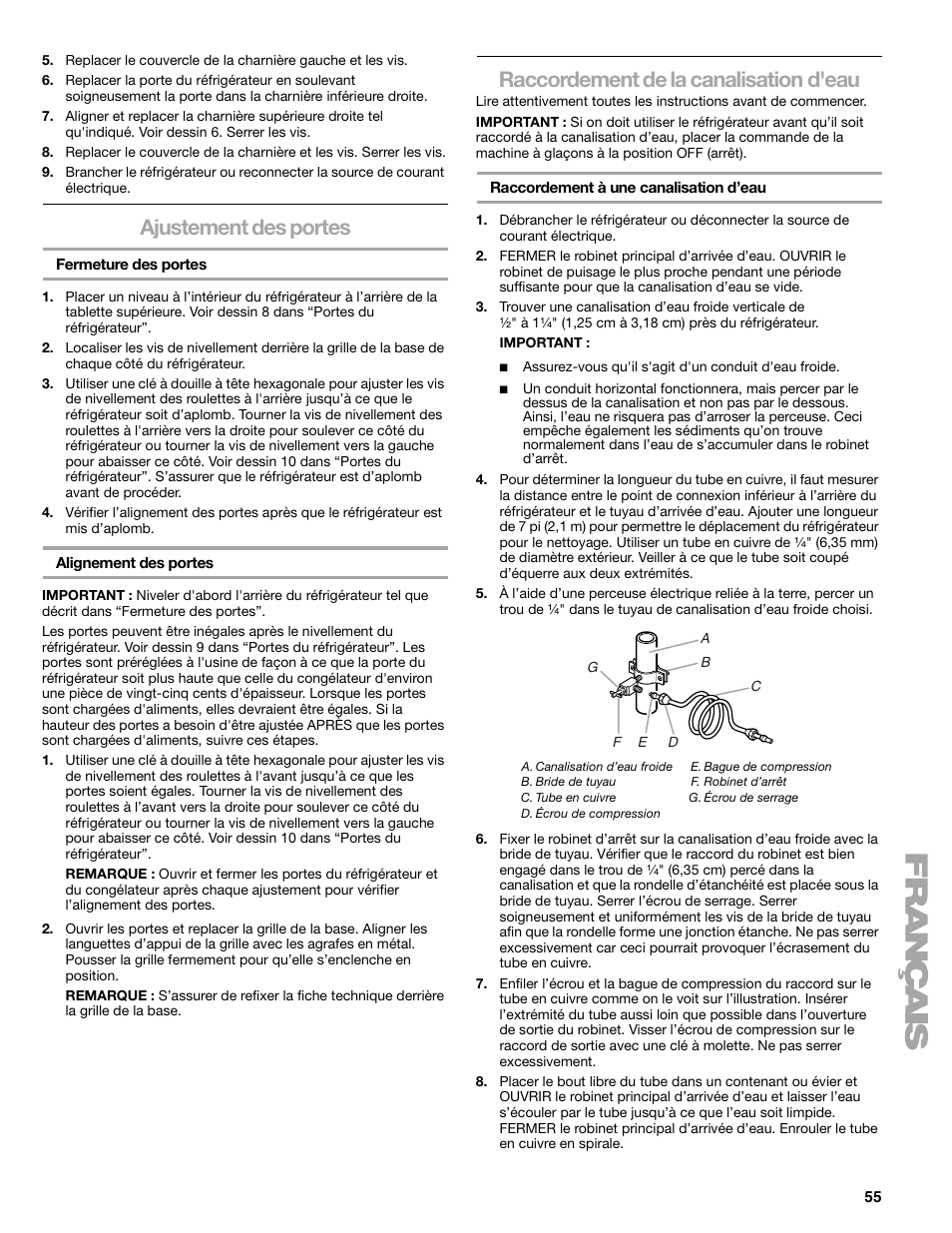Ajustement des portes, Raccordement de la canalisation d'eau | Sears T1KB2/T1RFKB2 User Manual | Page 55 / 72