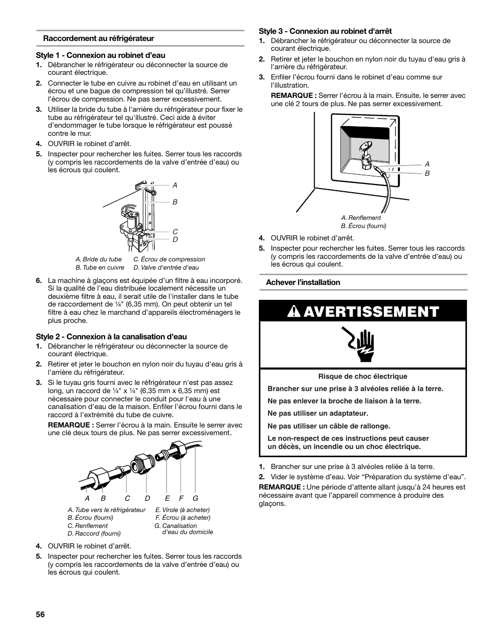 Avertissement | Sears T1KB2/T1RFKB2 User Manual | Page 56 / 72