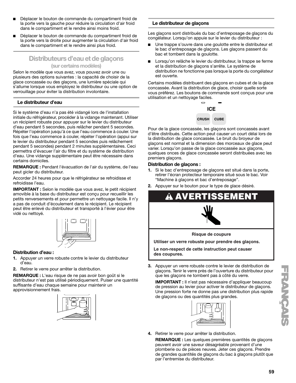 Avertissement, Distributeurs d’eau et de glaçons | Sears T1KB2/T1RFKB2 User Manual | Page 59 / 72