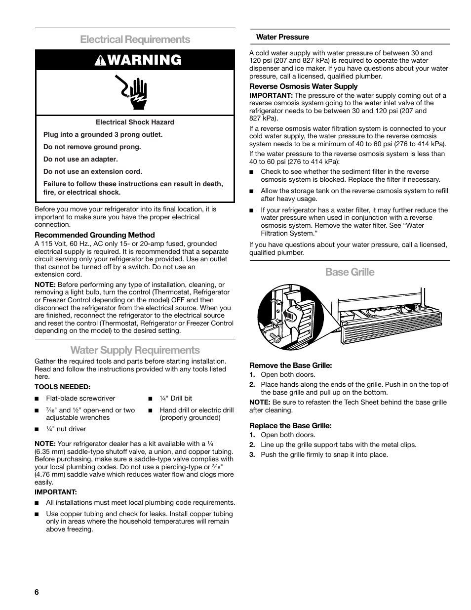 Warning, Electrical requirements, Water supply requirements | Base grille | Sears T1KB2/T1RFKB2 User Manual | Page 6 / 72