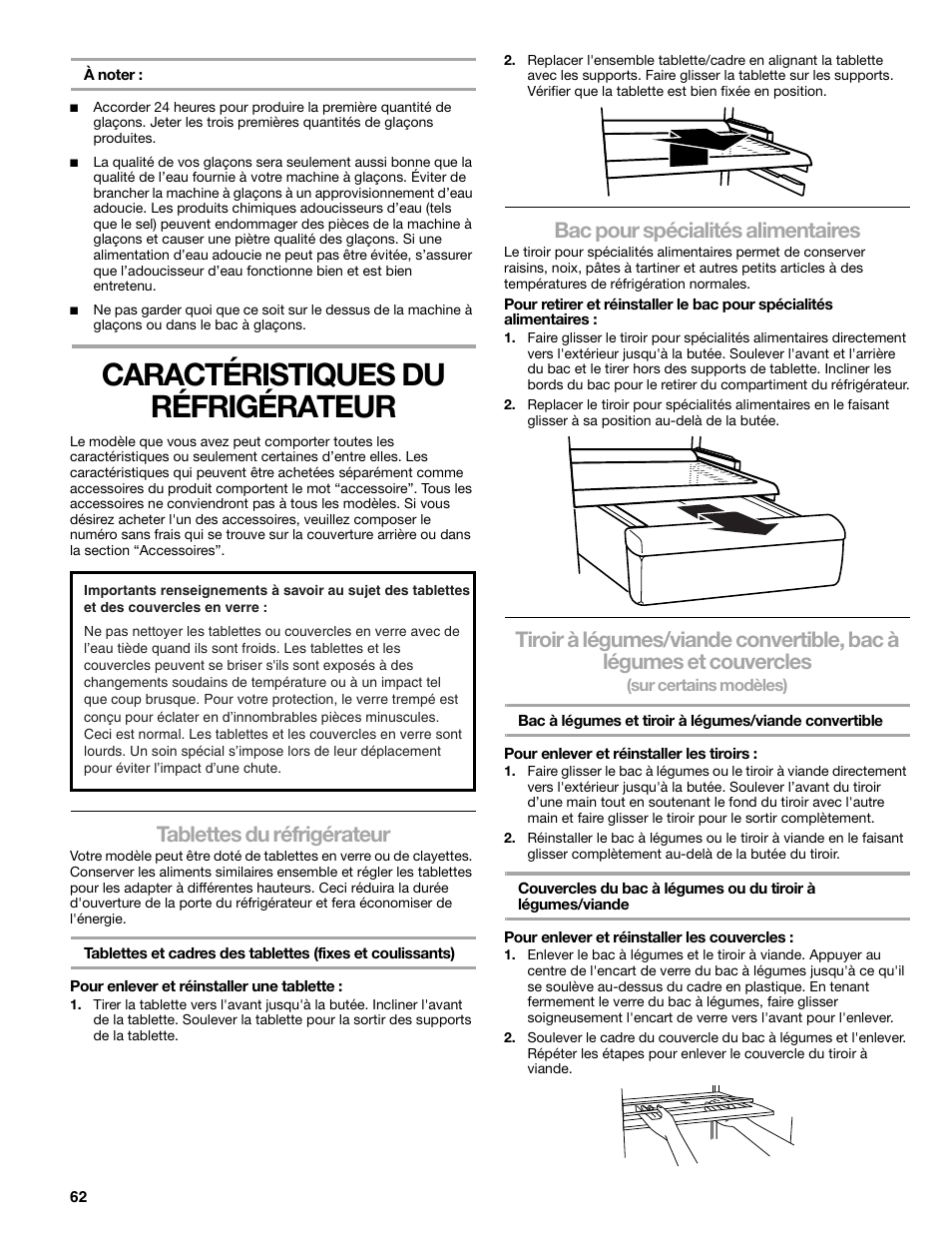 Caractéristiques du réfrigérateur, Tablettes du réfrigérateur, Bac pour spécialités alimentaires | Sears T1KB2/T1RFKB2 User Manual | Page 62 / 72