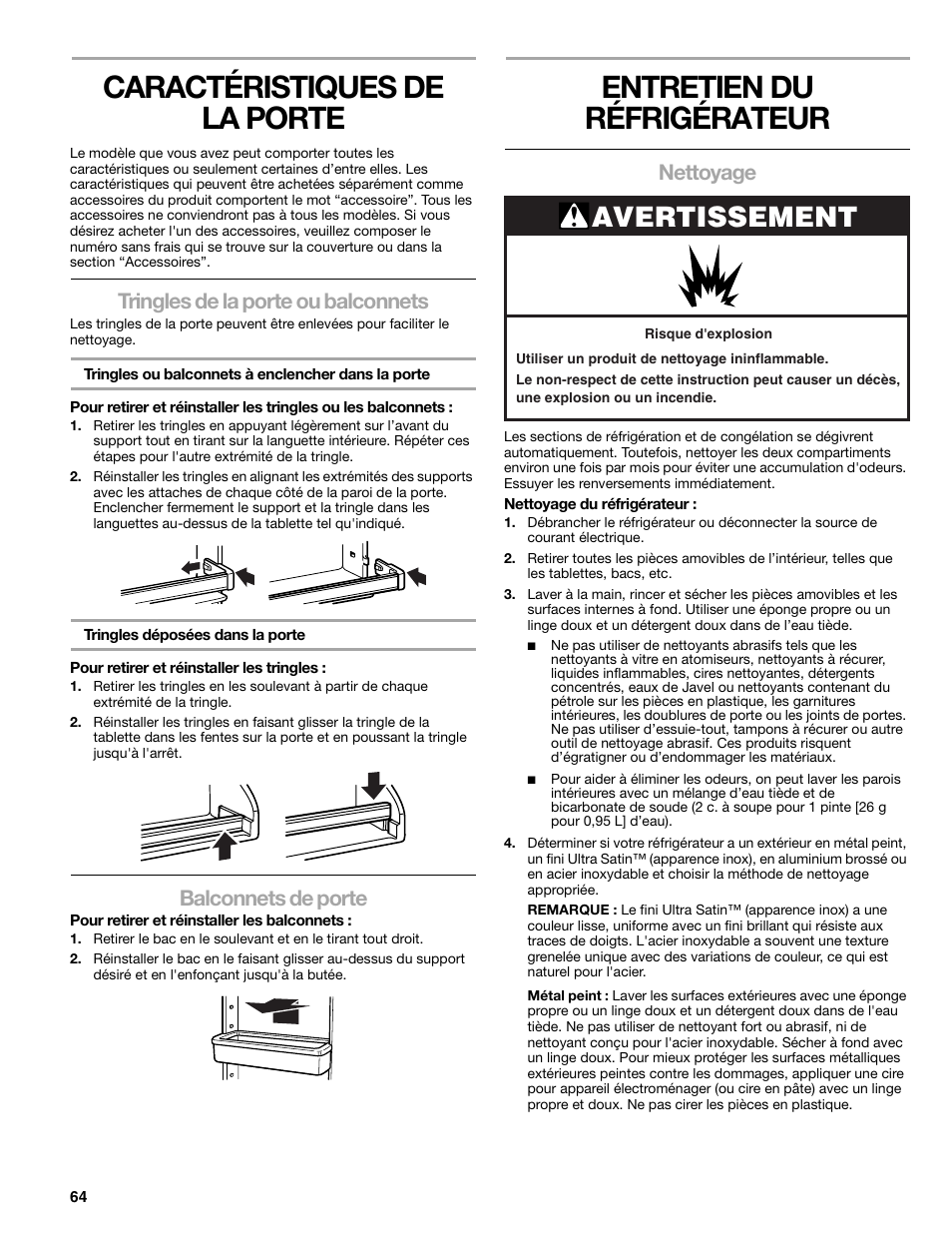 Caractéristiques de la porte, Entretien du réfrigérateur, Avertissement | Tringles de la porte ou balconnets, Balconnets de porte, Nettoyage | Sears T1KB2/T1RFKB2 User Manual | Page 64 / 72