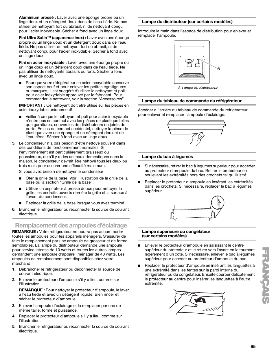 Remplacement des ampoules d’éclairage | Sears T1KB2/T1RFKB2 User Manual | Page 65 / 72