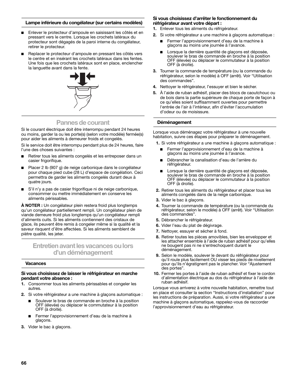Pannes de courant | Sears T1KB2/T1RFKB2 User Manual | Page 66 / 72