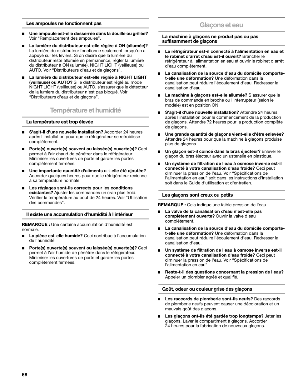 Température et humidité, Glaçons et eau | Sears T1KB2/T1RFKB2 User Manual | Page 68 / 72