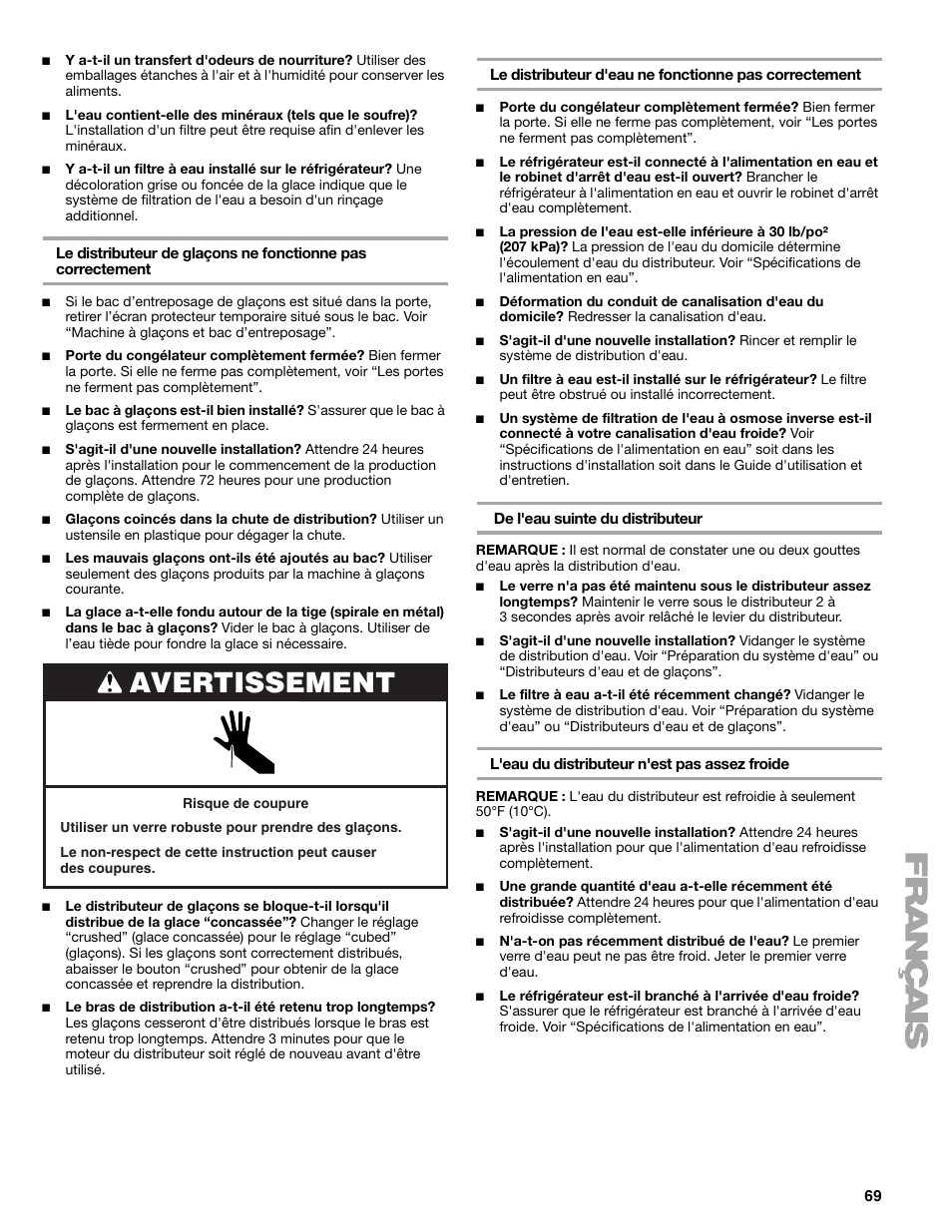 Avertissement | Sears T1KB2/T1RFKB2 User Manual | Page 69 / 72