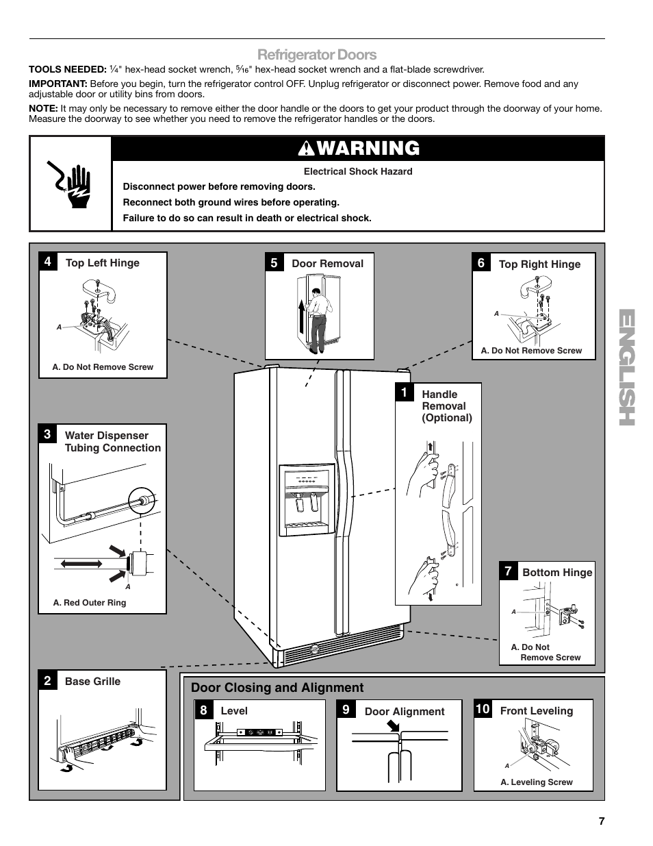 Warning, Refrigerator doors | Sears T1KB2/T1RFKB2 User Manual | Page 7 / 72