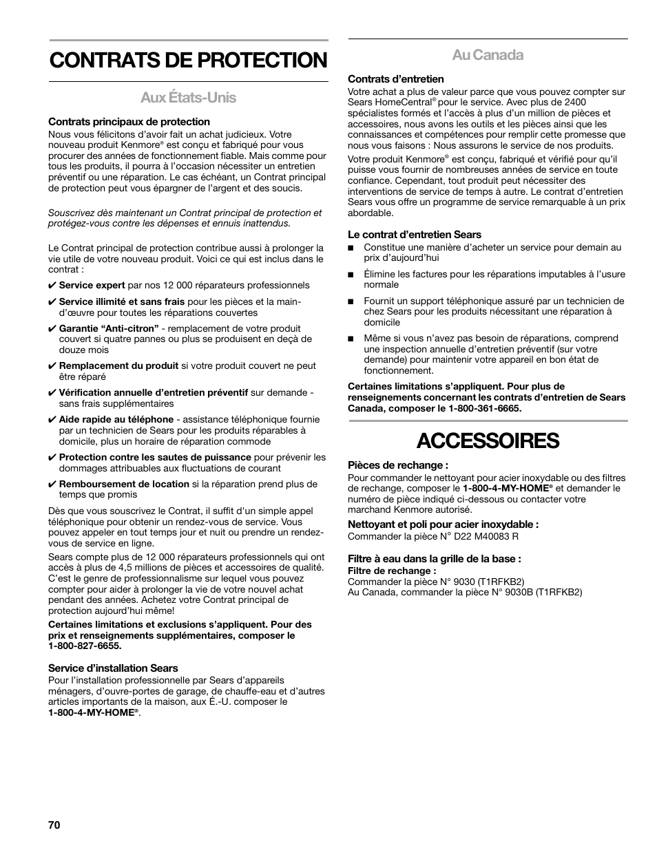 Contrats de protection, Accessoires, Aux états-unis | Au canada | Sears T1KB2/T1RFKB2 User Manual | Page 70 / 72