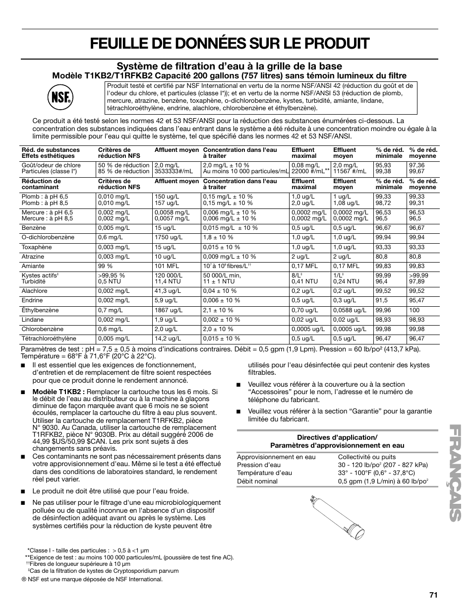 Feuille de données sur le produit, Système de filtration d’eau à la grille de la base | Sears T1KB2/T1RFKB2 User Manual | Page 71 / 72