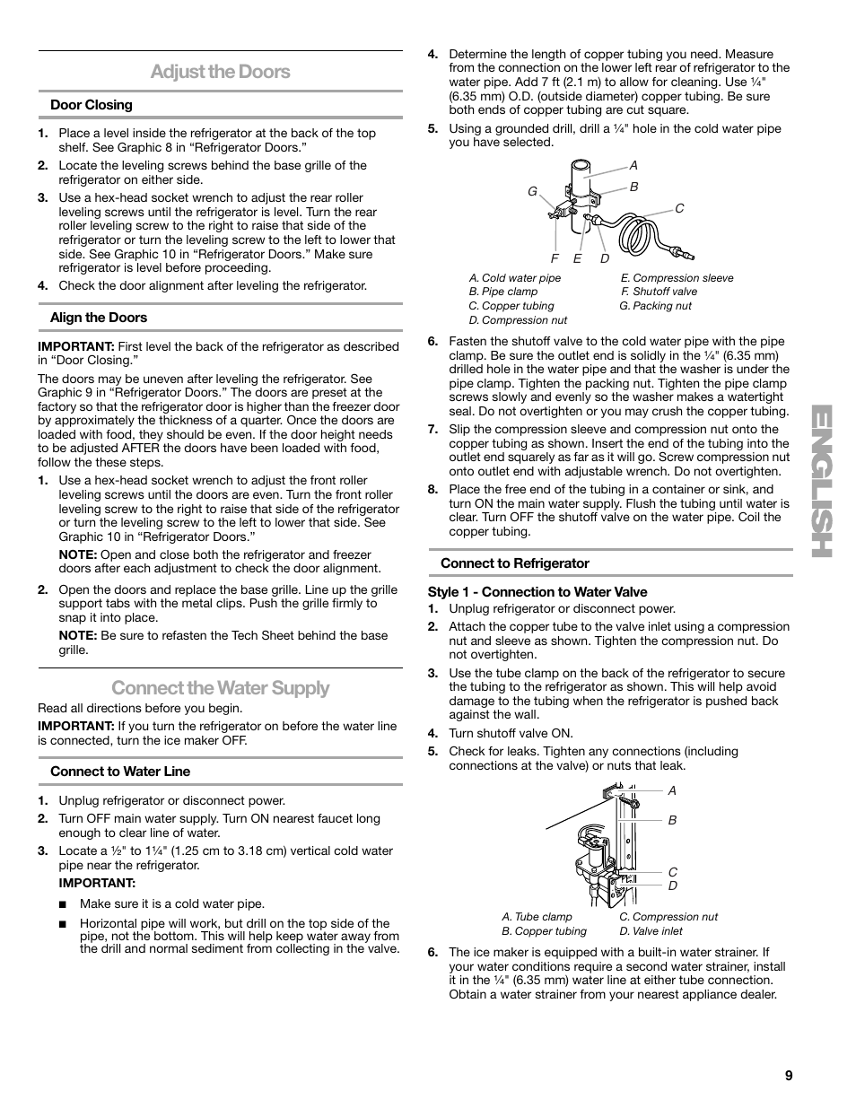 Adjust the doors, Connect the water supply | Sears T1KB2/T1RFKB2 User Manual | Page 9 / 72