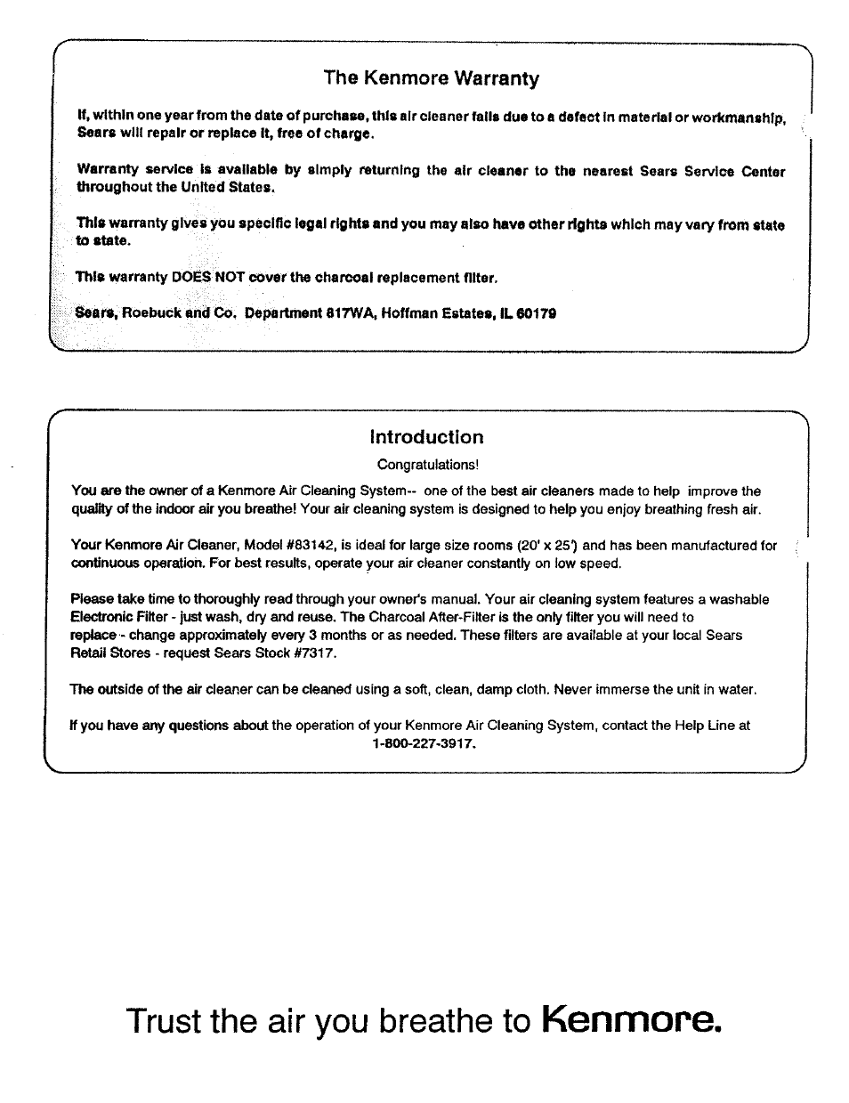 The ken more warranty, Introduction, Kenmore | Trust the air you breathe to | Sears KENMORE 635.83142 User Manual | Page 2 / 8