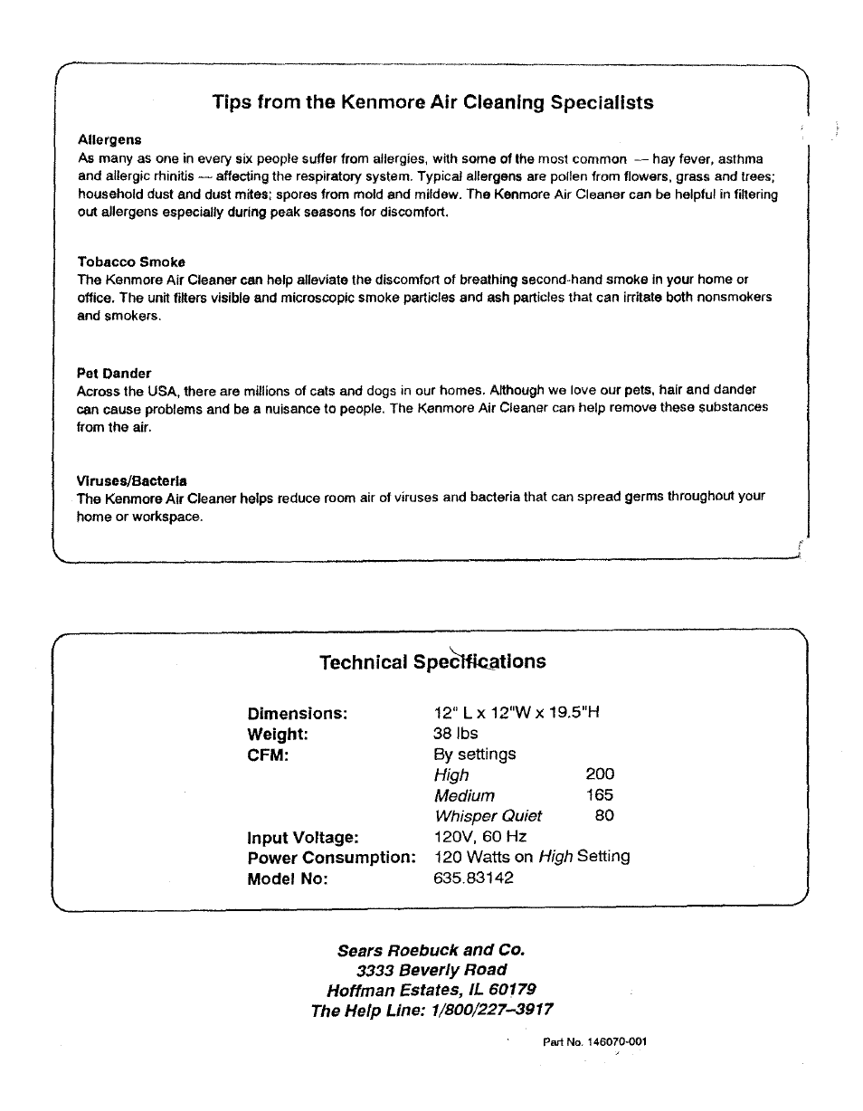Tips from the kenmore air cleaning specialists, Technical specifications | Sears KENMORE 635.83142 User Manual | Page 8 / 8