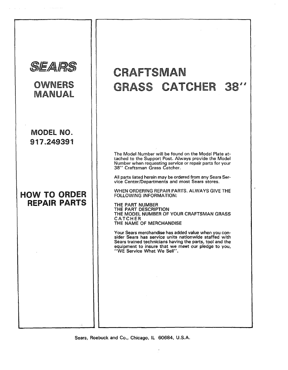 Craftsman grass catcher 38, Owners manual, Model no | Sears 917.249391 User Manual | Page 16 / 16