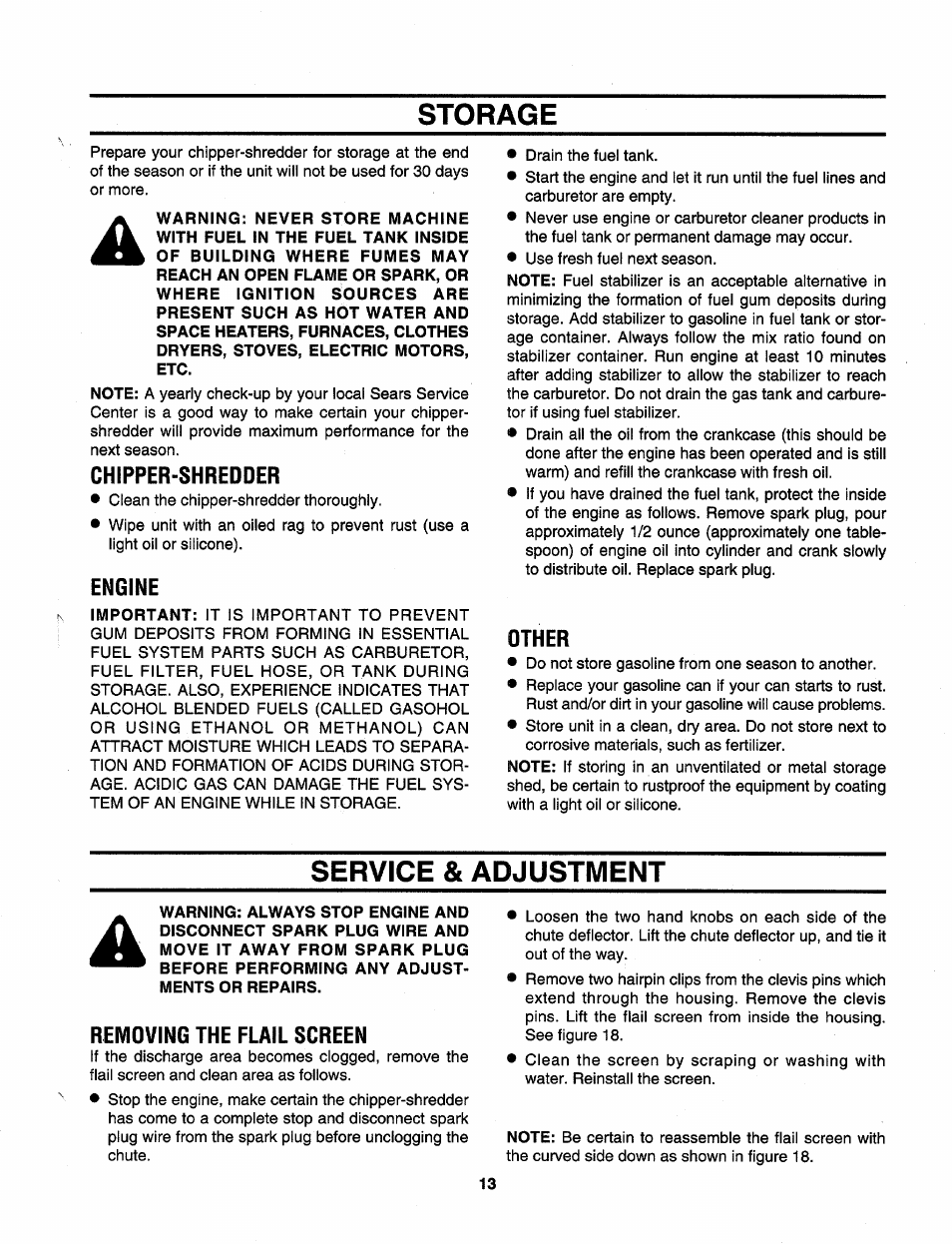 Storage, Chipper-shredder, Engine | Other, Service & adjustment, Removing the flail screen | Sears 247.79585 User Manual | Page 13 / 24