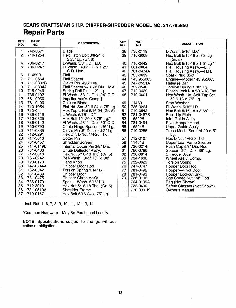 Repair parts | Sears 247.79585 User Manual | Page 18 / 24