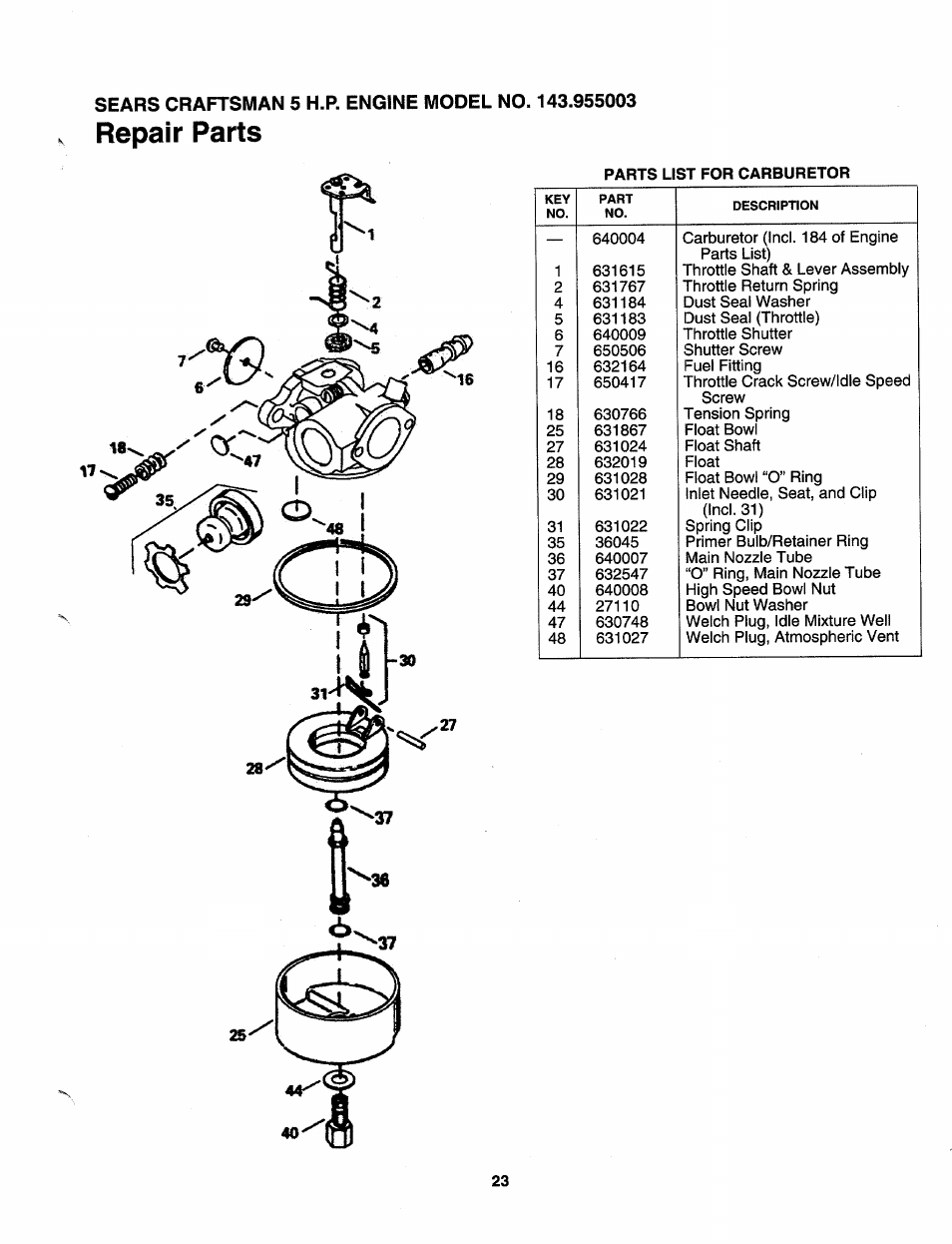 Repair parts | Sears 247.79585 User Manual | Page 23 / 24