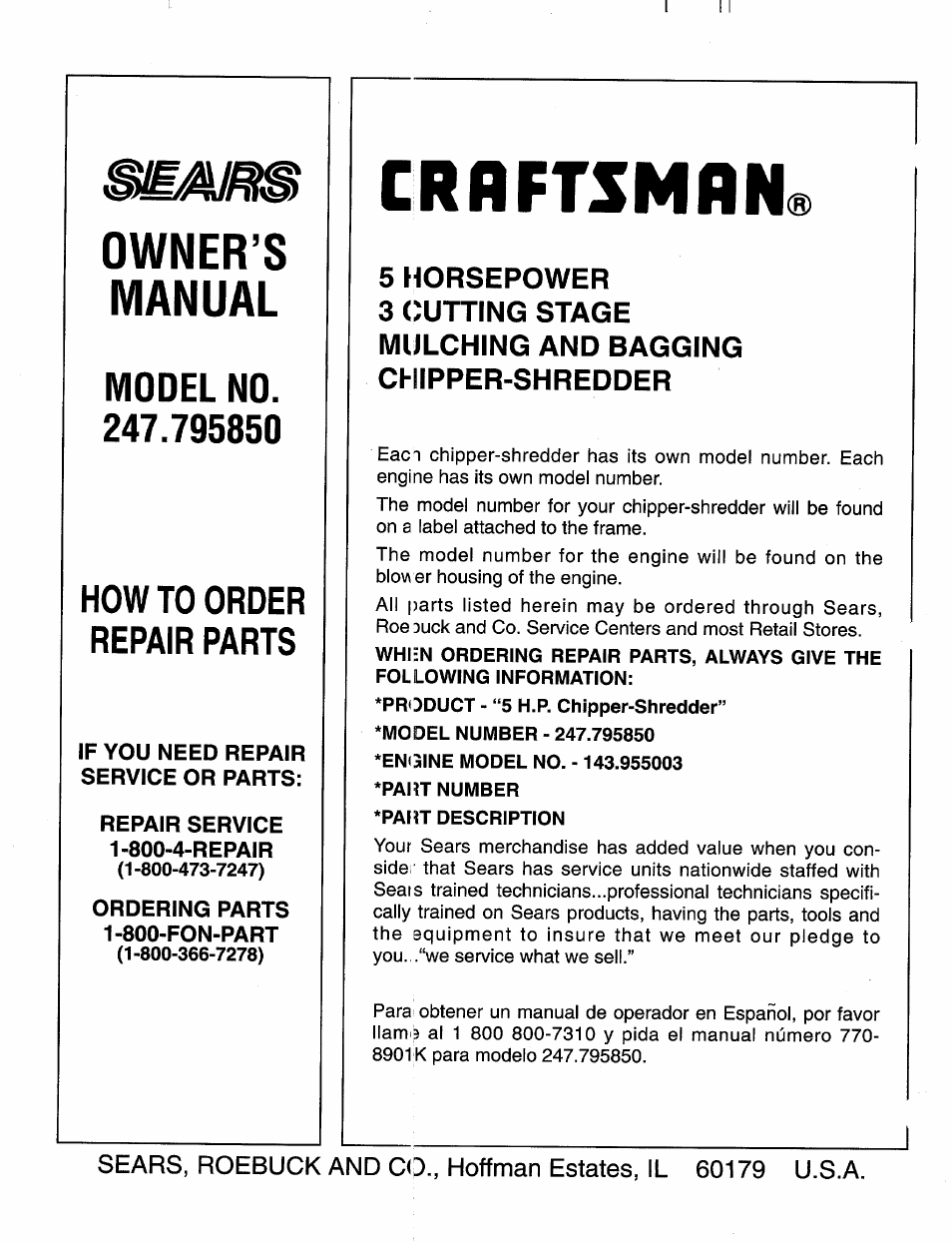 Crflftsmrn, Owner’s manual | Sears 247.79585 User Manual | Page 24 / 24