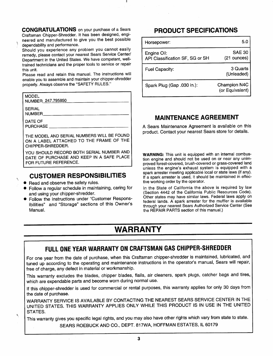 Product specifications, Customer responsibilities, Maintenance agreement | Warranty | Sears 247.79585 User Manual | Page 3 / 24