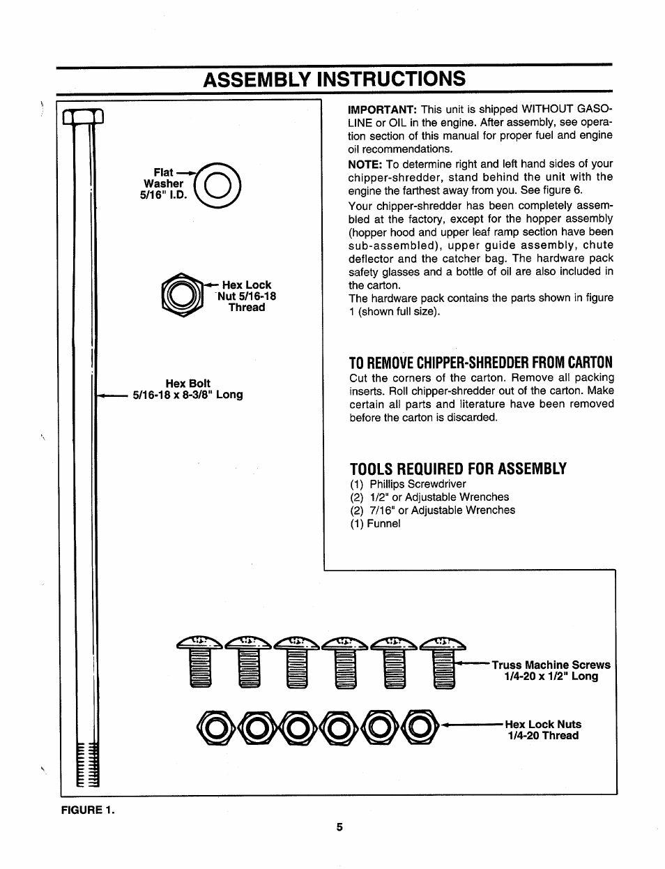 Assembly instructions, Flat, To remove chipper-shredder from carton | Tools required for assembly, Hex lock nuts 1/4-20 thread, Etyn, Q:;p | Sears 247.79585 User Manual | Page 5 / 24