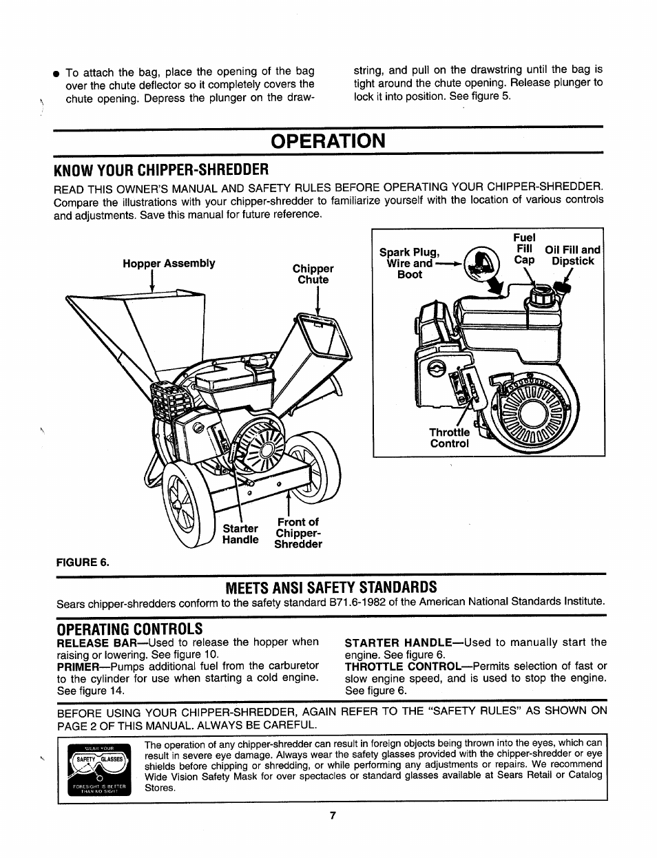 Operation, Know your chipper’shredder, Meets ansi safety standards | Operating controls | Sears 247.79585 User Manual | Page 7 / 24