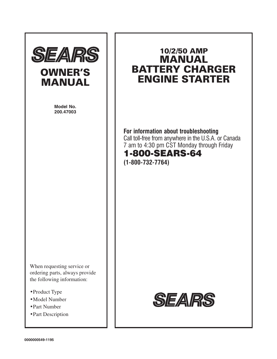 Owner’s manual, Manual battery charger engine starter | Sears 47003 User Manual | Page 12 / 12