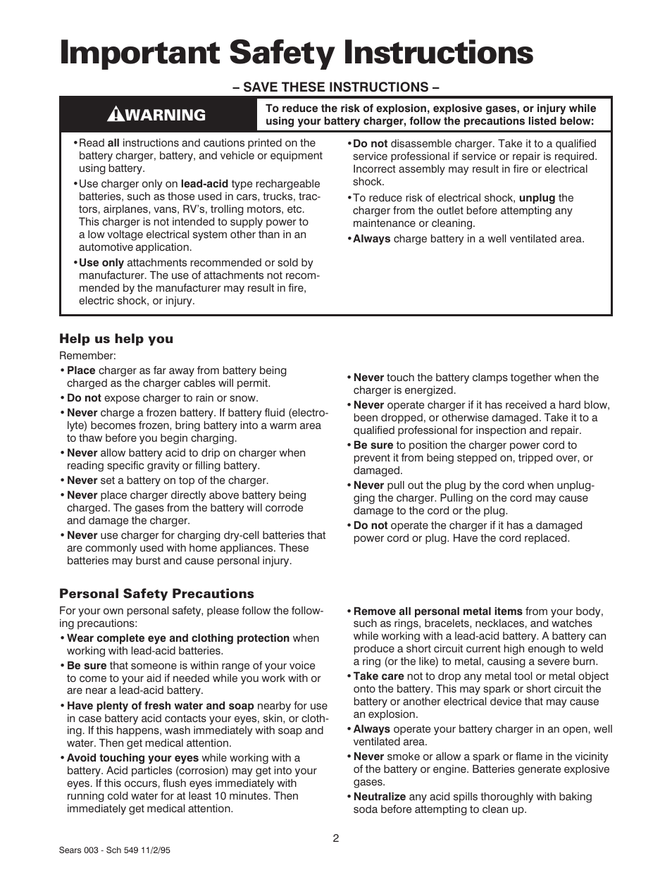 Important safety instructions, Warning | Sears 47003 User Manual | Page 3 / 12