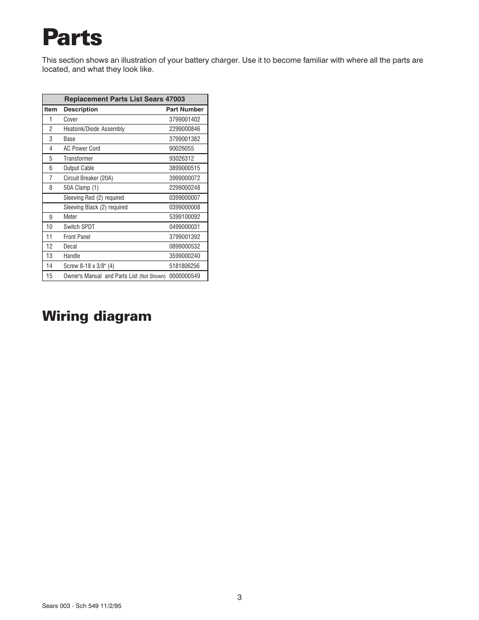 Parts, Wiring diagram | Sears 47003 User Manual | Page 4 / 12