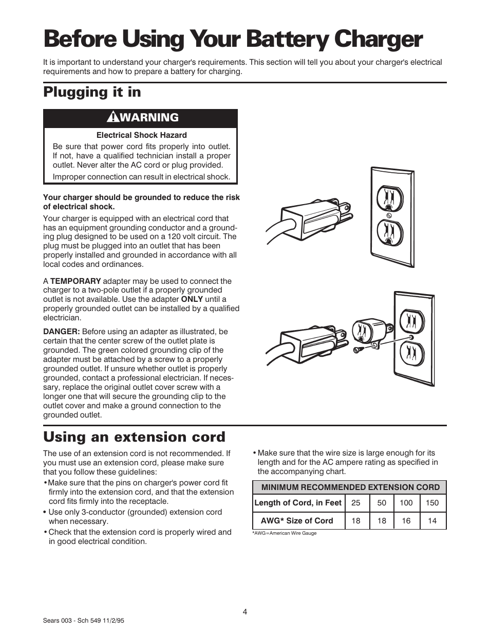 Before using your battery charger, Using an extension cord, Plugging it in | Warning | Sears 47003 User Manual | Page 5 / 12