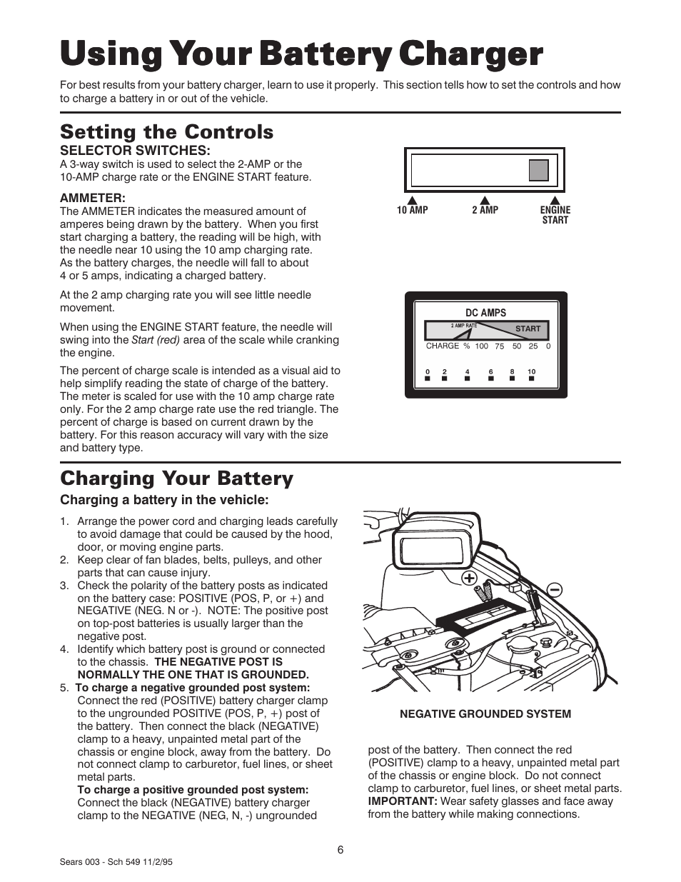 Using y, Setting the controls, Charging your battery | Sears 47003 User Manual | Page 7 / 12