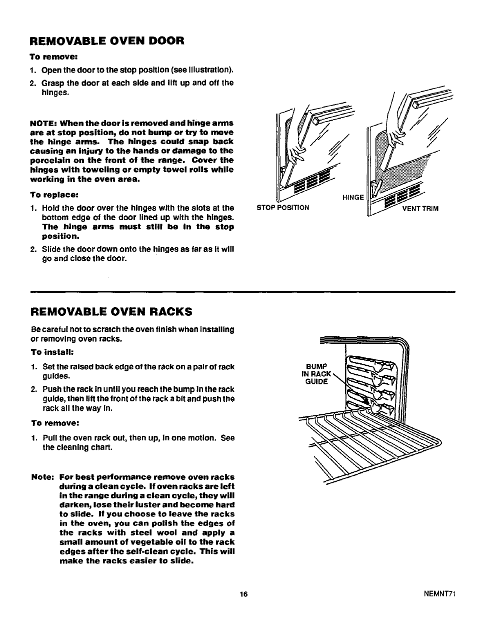 Removable oven racks, Removable oven door | Sears 45520 User Manual | Page 17 / 24
