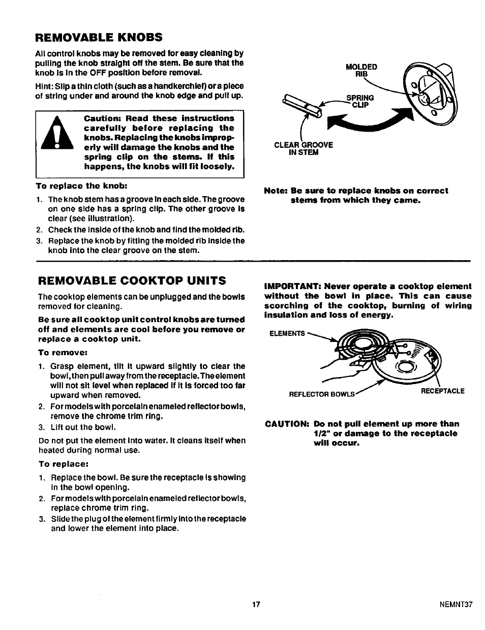 Removable cooktop units, Removable knobs | Sears 45520 User Manual | Page 18 / 24