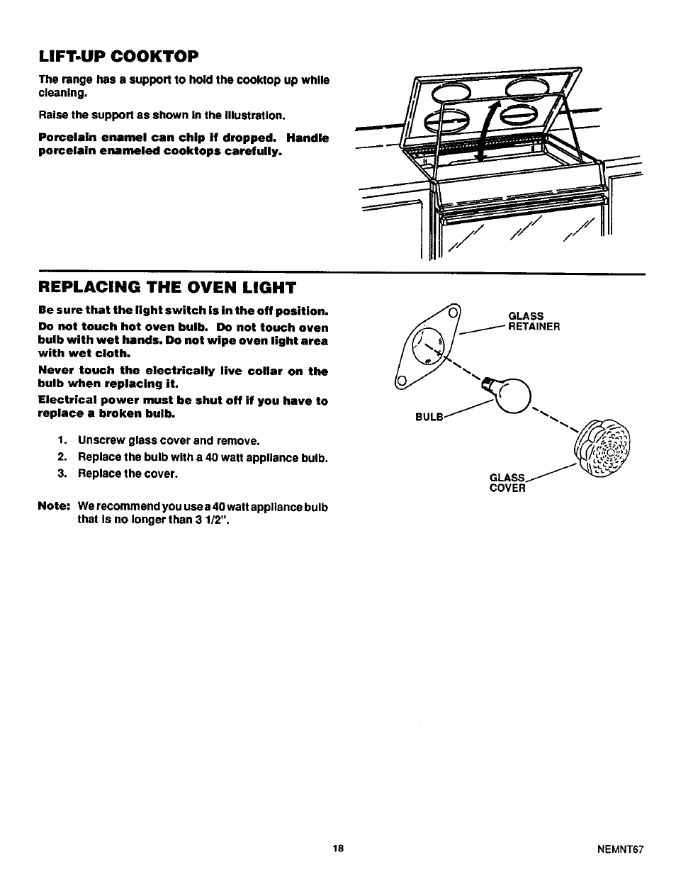 Lift-up cooktop, Replacing the oven light | Sears 45520 User Manual | Page 19 / 24